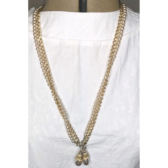 Sarah Coventry Jewelry - VTG SARAH COVENTRY Signed Baroque Faux Pearl Gold Tone Double Chain Necklace 30"